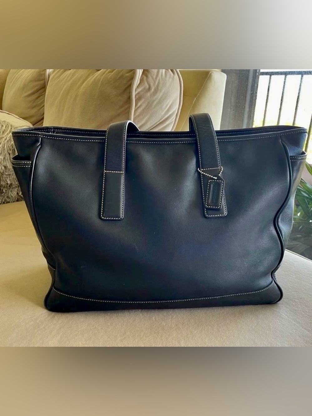 Coach Black Leather Tote with Contrast Stitching